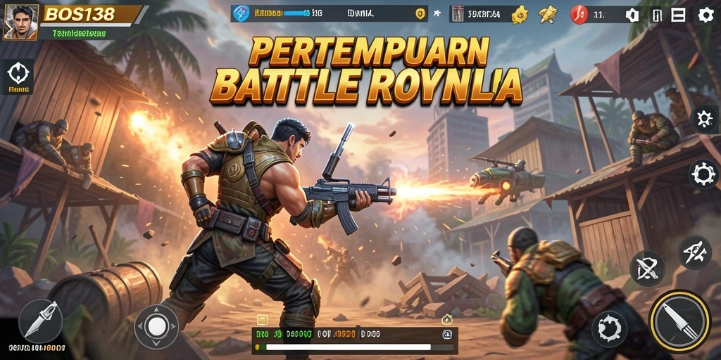 Screenshot gameplay BOS138 memperlihatkan pertempuran intens dalam arena Battle Royale.