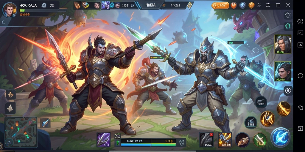 Tampilan seru gameplay HOKIRAJA dalam pertarungan tim MOBA.