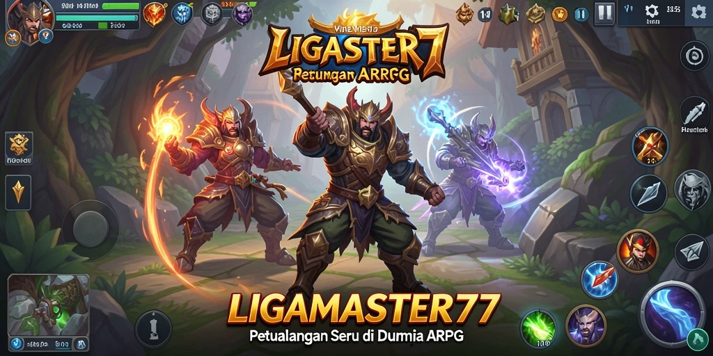 Screenshot gameplay LIGAMASTER77 yang menampilkan aksi pertarungan ARPG yang intens.
