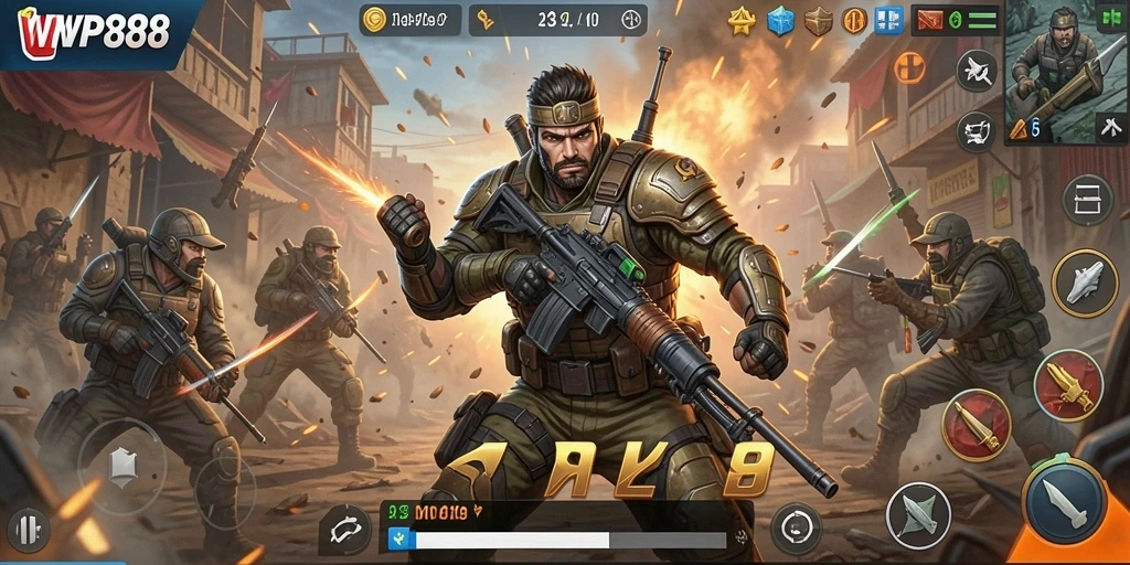 Tangkapan layar WP888 menampilkan aksi seru di arena Battle Royale.
